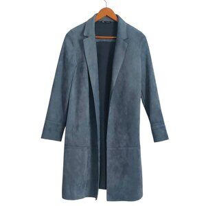 ZARA Faux Suede Blue Blazer XS Longline Open Front Trendy Dressy Jacket Modern